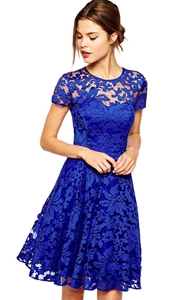 SZ60002-1 Fashion Summer Party Mini Dress Short Sleeve Blue Black Lace Dresses